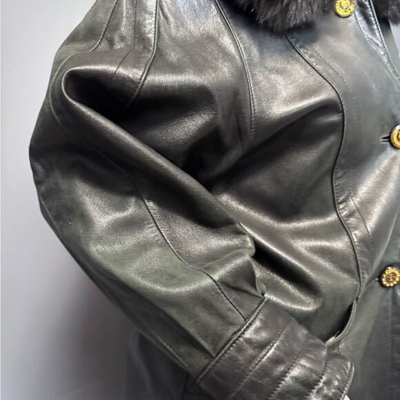 Black Leather Fur-Trim Trench Coat W/ Gold Buttons - Picture 12 of 15